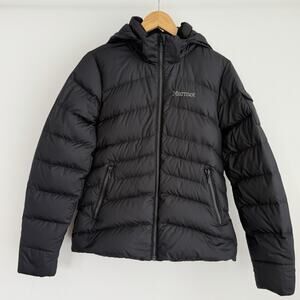Marmot Down Jacket Womens Small Black Puffer Hooded Zip 700 Fill Ithaca Coat